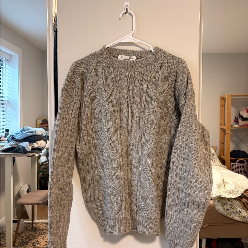 Dior Men's Gray Cable-Knit Crewneck Sweater 100% Wool